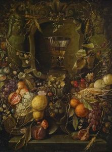 Ein Fruchtekranz Um Eine Skulptierte Steinnische Mit Einem Berkemeyer-glas Ein Fruchtekranz Um Eine Skulptierte Steinnische Mit Einem Berkemeyer-glas