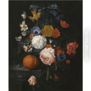 A Still Life With Roses, Daffodils, Bluebells And Other Flowers On A Stone Ledge With An Orange, Blackberries And Two Butterflies by Cornelis De Heem