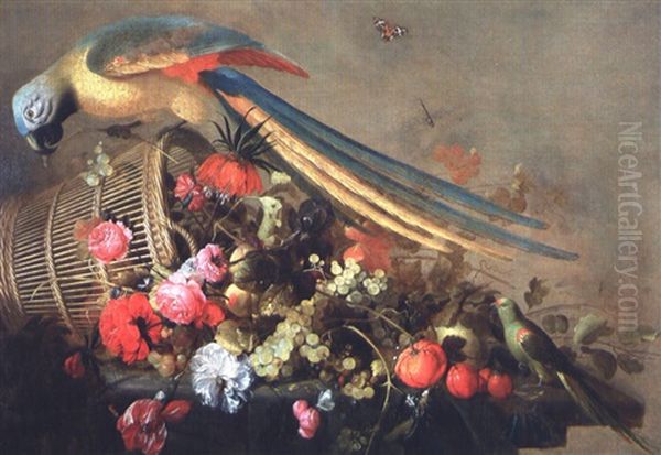 Nature Morte Au Perroquet Et A La Corbeille De Fruits Et De Fleurs - view 1