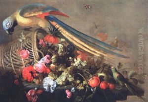 Nature Morte Au Perroquet Et A La Corbeille De Fruits Et De Fleurs by Cornelis De Heem
