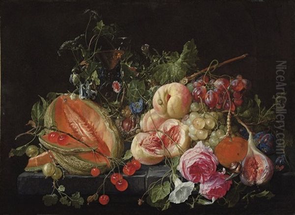 A Cut Melon, Cherries, Gooseberries, Peaches, Grapes, Figs, Plums, Flowers, Snails And Insects - view 1