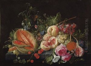 A Cut Melon, Cherries, Gooseberries, Peaches, Grapes, Figs, Plums, Flowers, Snails And Insects