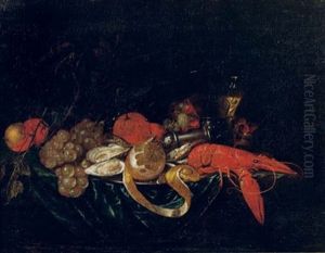 A Lobster, Oysters And A Partially Pealed Lemon On A Pewter Plate With Peaches, Grapes, Oranges, A Salt Sellar And A Glass Of Wine by Cornelis De Heem