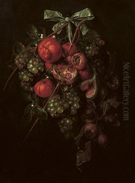 White Grapes, Oranges, A Pomegranate, Figs, Plums And Chestnuts Tied With A Blue Ribbon And Attached To A Nail - view 1