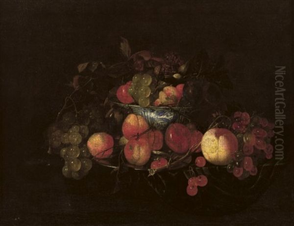 A Silver Plate With Peaches And Cherries, A Wan-li Kraak Porcelain Bowl With White Grapes, Peaches And Plums And Red Grapes Nearby - view 1