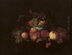 A Silver Plate With Peaches And Cherries, A Wan-li Kraak Porcelain Bowl With White Grapes, Peaches And Plums And Red Grapes Nearby by Cornelis De Heem