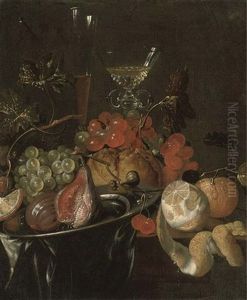 Figs On A Pewter Plate, A Parly-peeled Lemon, An Orange, Grapes And Two Glasses On A Partly-draped Wooden Ledge by Cornelis De Heem