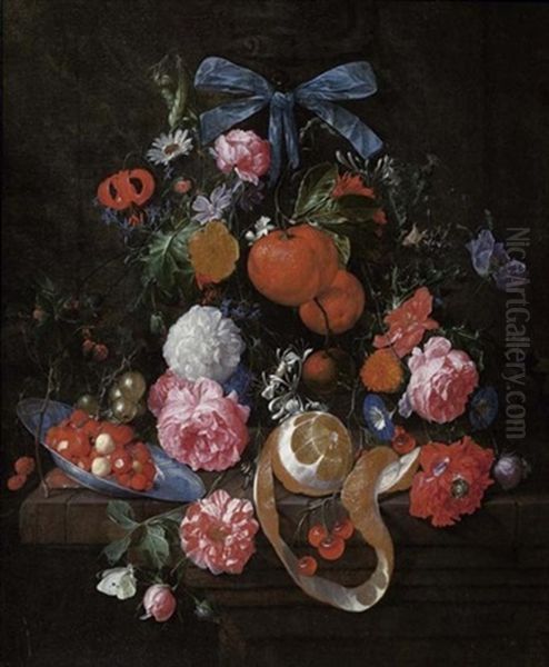 Stilleben Mit Orange, Rosen, Goldblume Und Anderen Blumen Auf Einer Steinplatte Mit Wan Li Schale Mit Walderdbeeren, Einer Geschalten Zitrone, Kirschen Und Brombeeren - view 1