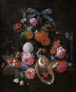 Stilleben Mit Orange, Rosen, Goldblume Und Anderen Blumen Auf Einer Steinplatte Mit Wan Li Schale Mit Walderdbeeren, Einer Geschalten Zitrone, Kirschen Und Brombeeren by Cornelis De Heem