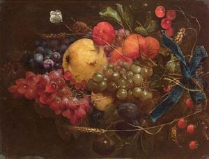 A Swag Of Cherries, Strawberries, Apricots, Grapes, Lemons, Plums And Ears Of Corn Hanging From A Blue Ribbon With A Cabbage White Butterfly, A Caterpillar And Other Insects by Cornelis De Heem