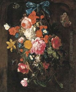 Roses, Peonies, Morning Glories, Tulips, Poppies And Other Flowers Hanging From A Nail by Cornelis De Heem