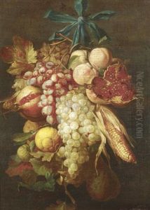 Stilleben Mit Weintrauben, Maiskolben Und Sudfruchten, An Einer Zierschleife Hangend by Cornelis De Heem