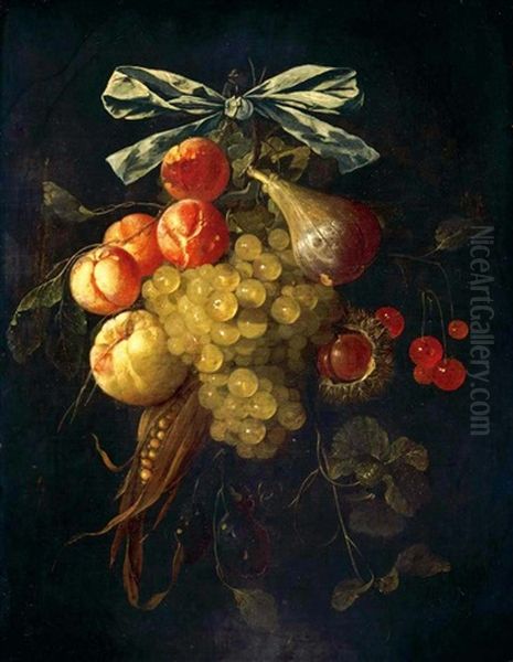 A Swag Of Abricots, Grapes, Cherries, A Fig, Chestnuts, Corn And Oranges Tied With A Blue Ribbon - view 1