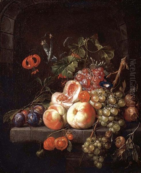 A Still Life Of Peaches, Plums, Grapes And Other Fruits On A Stone Ledge - view 1