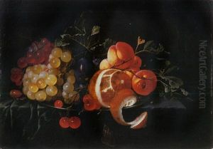 A Partly-peeled Lemon, Grapes, Cherries, Apricots And Plums On A Pewter Plate On A Partly Draped Stone Ledge by Cornelis De Heem