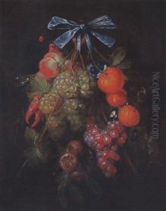 A Festoon Of Grapes And Other Fruit, Pea Pods, And Two Wood Snails, Tied With A Ribbon And Hanging From A Nail