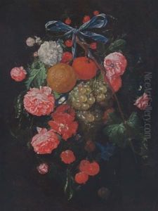 A Festoon Of Roses, Morning Glory, An Orange, Mandarines, Grapes, Cherries And Pea Pods, Tied Togetherwith A Blue Ribbon And Hanging From A Nail by Cornelis De Heem