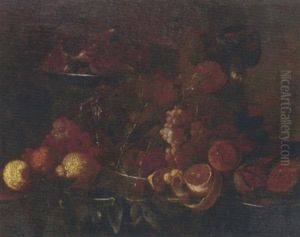 Grapes, Lemons, Pomegranates, An Orange And Other Fruit On Pewter Platters, With A Tazza Of Figs On A Table