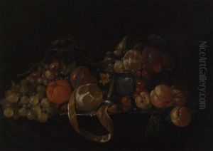 A Partly-peeled Lemon On A Pewter Plate, And Plums, Cherries And Other Fruit In A Porcelain Bowl, With Grapes, Plums, A Gherkin And Peaches On A Partly-draped Table by Cornelis De Heem