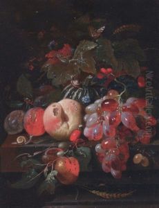 Grapes, Plums, A Peach, A Melon And Cherries On A Stone Ledge, With Snails, A Centipede And A Butterfly