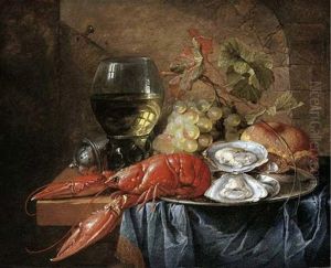 A Lobster, A Pepper Box, A Roemer, A Bunch Of Grapes, A Bread Roll And Oysters On A Pewter Dish On A Table Top Draped With A Blue Cloth