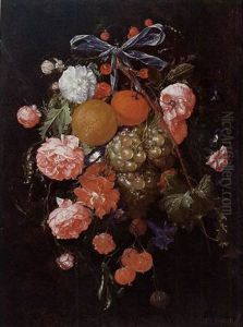 A Bouquet Of Flowers And Fruit With Pea Pods, Tied Together With A Blue Ribbon And Hanging From A Nail A Bouquet Of Flowers And Fruit With Pea Pods, Tied Together With A Blue Ribbon And Hanging From A Nail