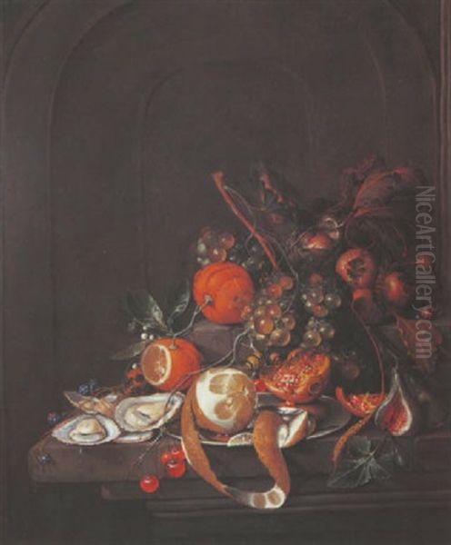 Nature Morte Aux Raisins, Citron, Oranges Et Nefles Sur Un Entablement - view 1