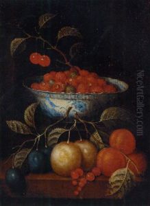 Cherries And Other Fruit In A Kraak Porselein Bowl, With Plums, Oranges And Redcurrants On A Ledge Below