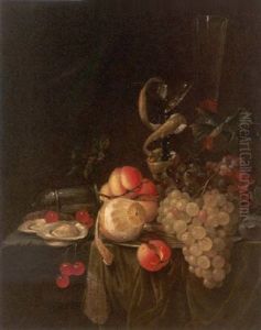Stilleben. Austern, Trauben, Eine Angeschalte Zitrone Und Ein Aprikosenzweig Sowie Ein Venezianerglas