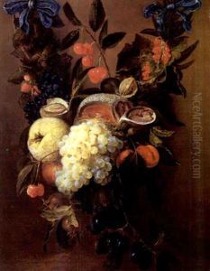 A Garland Of Apricots, Figs, Cherries, Strawberries, Plums, A Melon And Other Fruit Attached To A Blue Ribbon