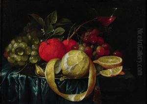 A Peeled Lemon, Oranges, Grapes On Pewter Plate, And A Facon-de-venice Wineglass On A Draped Table