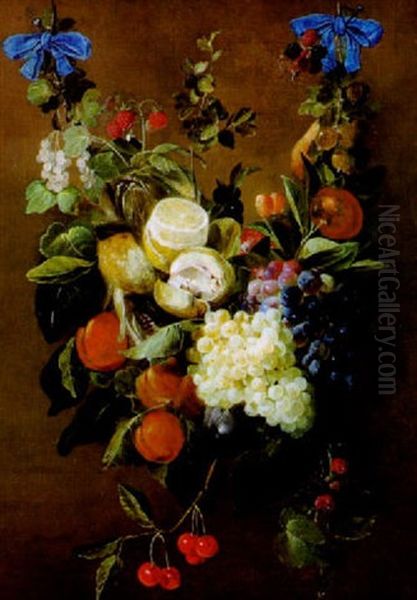 Fruchtgehange Mit Weintrauben, Pfirsichen, Marillen, Kirschen, Stachelbeeren, Brombeeren, Himbeeren Und Johannesbeeren - view 1