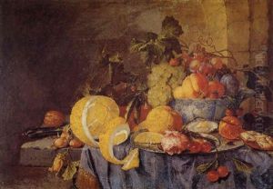 Fruit In A Porcelain Bowl, Oysters, An Orange, Cherries And A Rose On A Plate, A Wine Glass, Hazelnuts, A Knife And A Lemon On A Partly Draped Table by Cornelis De Heem