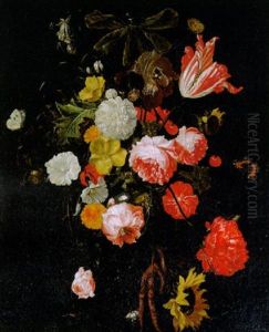A Swag Of Tulips, Roses, Sunflowers, Poppies, Carnations And Other Flowers Hanging From A Ribbon, At A Stone Niche