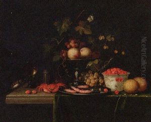 Grapes On A Vine With Gooseberries In A Tazza With, Prawns In A Pewter Dish, A Crab, A Bowl Of Strawberries, Lemons And A Roemer