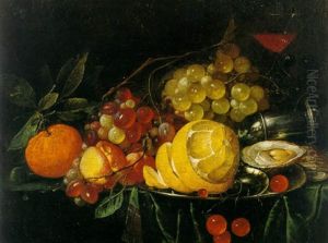 Still Life Of Grapes, An Orange, A Peeled Lemon, Cherries, Oysters, A Spice Castor And A Glass Of Wine On A Stone Ledge