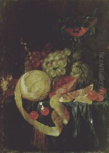 Still Life Of A Peeled Lemon, Grapes, A Fig And Cherries By A Facon De Venise Goblet On A Draped Table by Cornelis De Heem