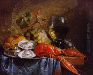 A Lobster, Oysters On A Pewter Plate, Grapes, A Bread Roll, A Pepper Box And A Roemer On A Partly Draped Table In A Niche