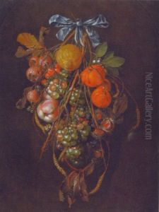 A Swag Of Grapes, Horse-chestnuts, A Lemon, Blackberries, Oranges, Quinces And Ears Of Wheat Hanging From A Bow, With Snails