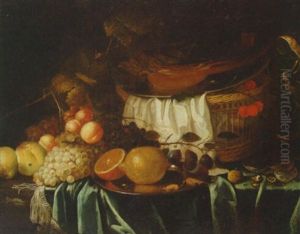 Grapes, Apricots, Peaches And Other Fruit On A Pewter Plate With A Basket And A Wine Glass On A Partially Draped Table by Cornelis De Heem