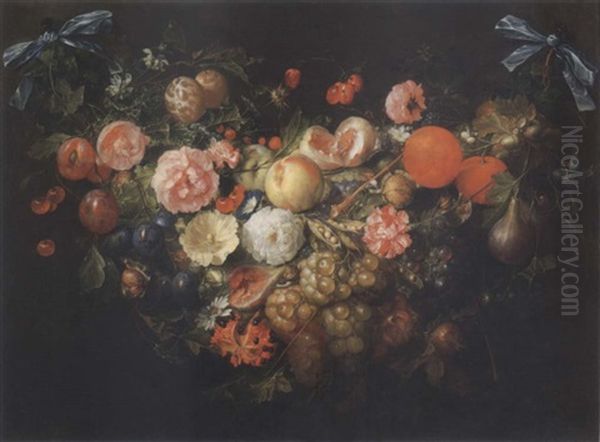 Stil Life Of A Swag Of Fruit And Flowers Hanging From Ribbons - view 1