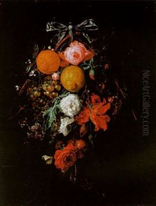 A Swag Of Oranges, Roses And Other Fruit And Flowers Hangin From A Bow With Butterflies, A Snail, A Bee And A Spider by Cornelis De Heem