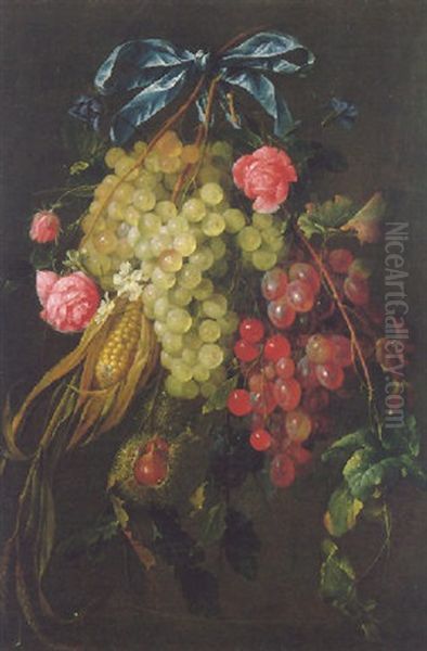 A Still Life Of Grapes, Roses, Oranges Blossom, Maize, Sweet Chestnuts And Plums Hanging From A Blue Silk Ribbon - view 1