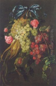 A Still Life Of Grapes, Roses, Oranges Blossom, Maize, Sweet Chestnuts And Plums Hanging From A Blue Silk Ribbon by Cornelis De Heem