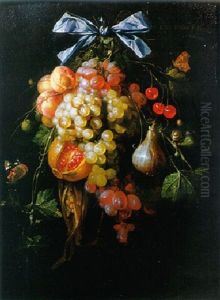 A Swag Of Grapes, Peaches, A Pomegranate, Cherries, Maize, And A Quince Hanging From A Blue Ribbon, A Snail And Butterflies Nearby by Cornelis De Heem