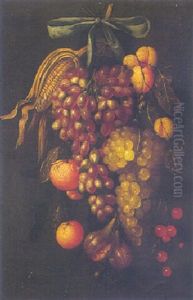 A Bunch Of Grapes, Oranges, Figs And Other Fruits, Tied With A Ribbon, Hanging From A Nail