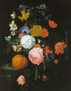 Stilleben Von Rosen, Anemonen, Wicken, Marzenbechern, Hyazinthen, Kirschen, Einer Orange Und Funf Schmetterlingen
