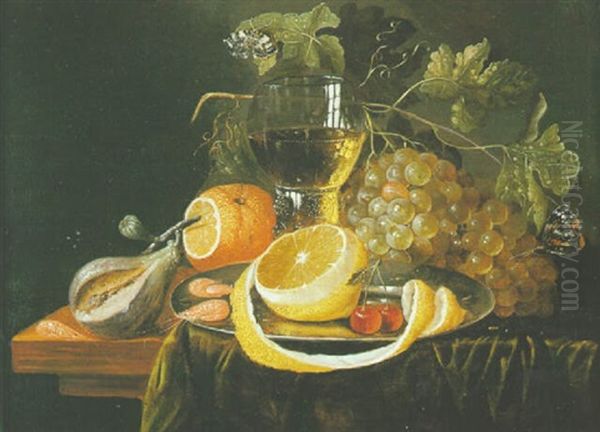Nature Morte Au Raisin, Citron Et Verre Rohmer Sur Un Entablement - view 1