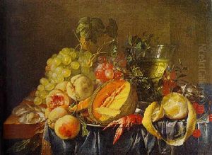 Still Life With Grapes, A Cut Melon, Peaches, A Lemon, Oysters, A Crayfish, And A Conical Roemer by Cornelis De Heem