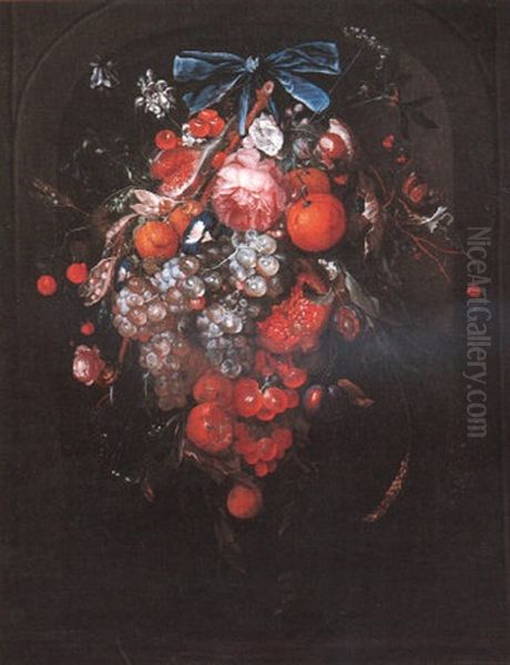 Feston De Fruits Avec Roses, Belles De Jour Et Autre Fleurs - view 1